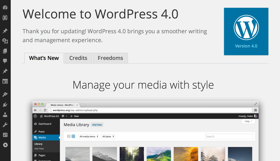 Экран "О WordPress" версии 4.0